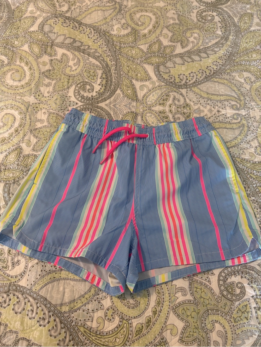 Vineyard Vines Blue Stripe Athletic Drawstring Shorts with Pink & Yellow Accents